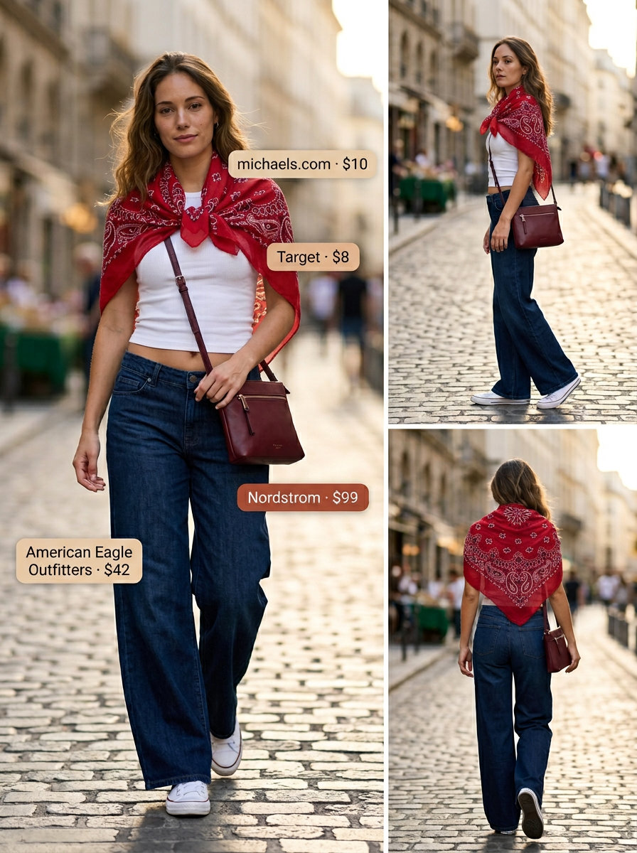 Retro Summer Wide Leg Pants 2026 Tailored summer wide leg pants outfits for women 2026: Denim wide leg pants, white tank, red bandana for retro casual.