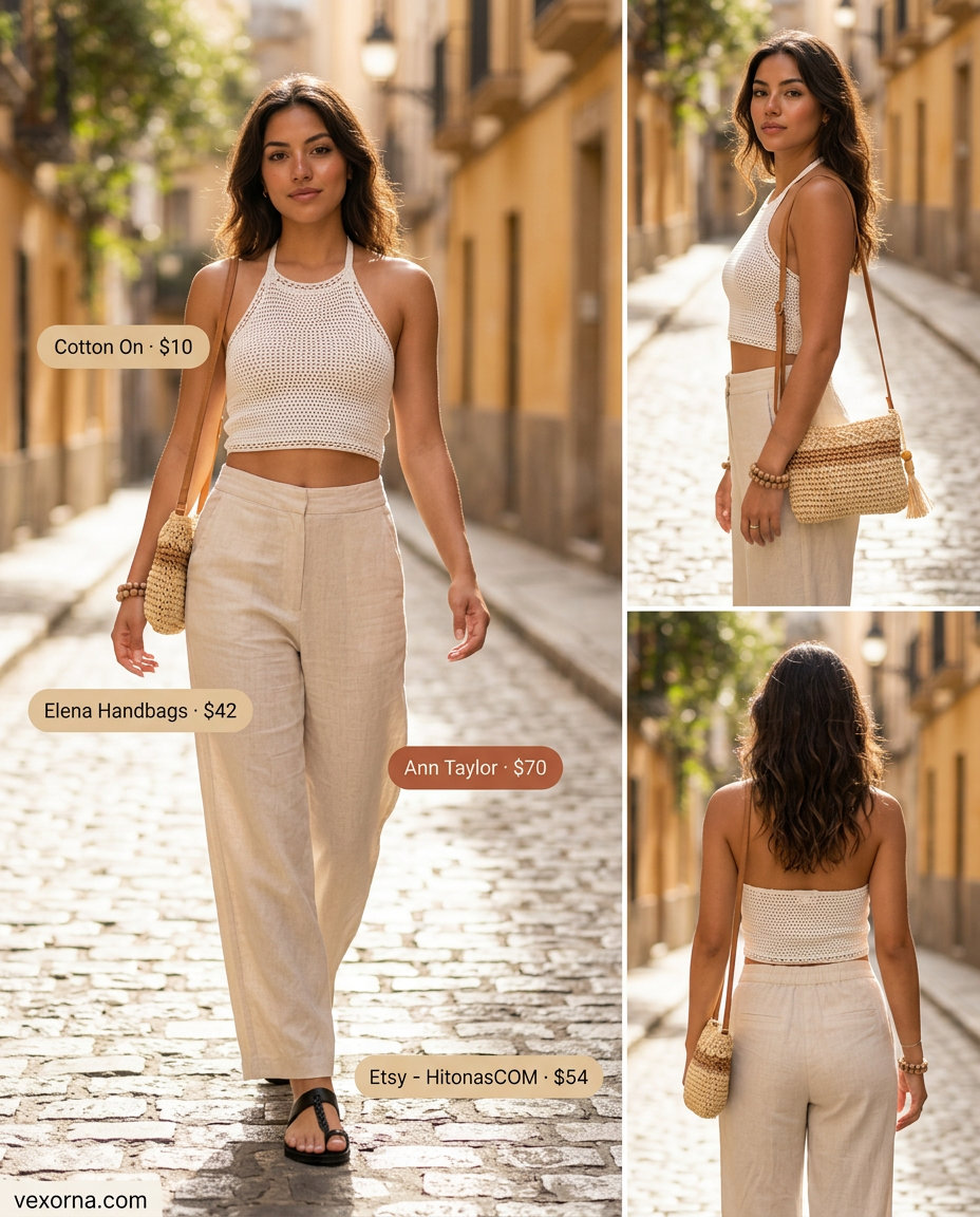 Boho Festival Wide Leg Pants 2026 Tailored summer wide leg pants outfits for women 2026: Ecru wide leg pants, crochet top, straw bag for festival vibes.
