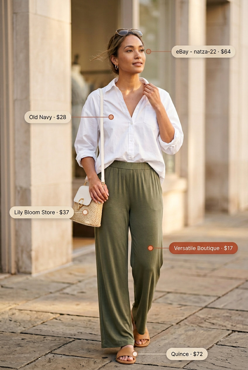 Chic Summer Wide Leg Pants Outfits 2026 Tailored summer wide leg pants outfits for women 2026: Olive green linen pants, white oversized shirt, tan slides for smart casual.