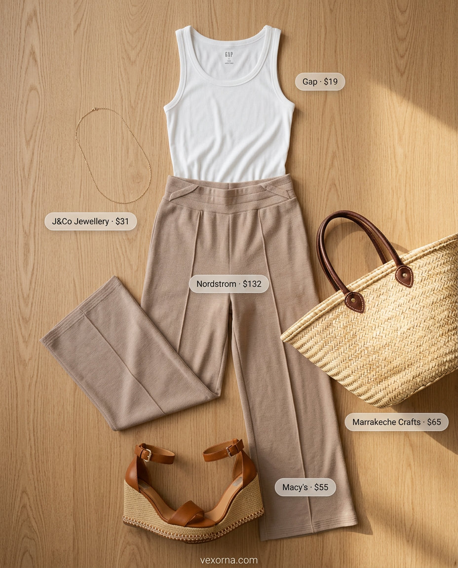 Mediterranean Wide Leg Pants Outfits for Women 2026 Tailored summer wide leg pants outfits for women 2026: Beige pants, white tank, espadrilles for relaxed chic.