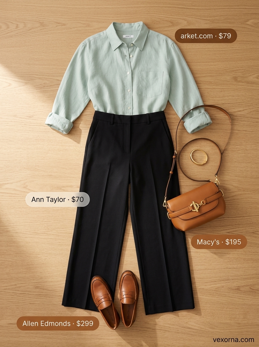 Fresh Summer Wide Leg Pants Set 2026 Tailored summer wide leg pants outfits for women 2026: Mint green linen set, loafers, crossbody bag for vacation resort wear.