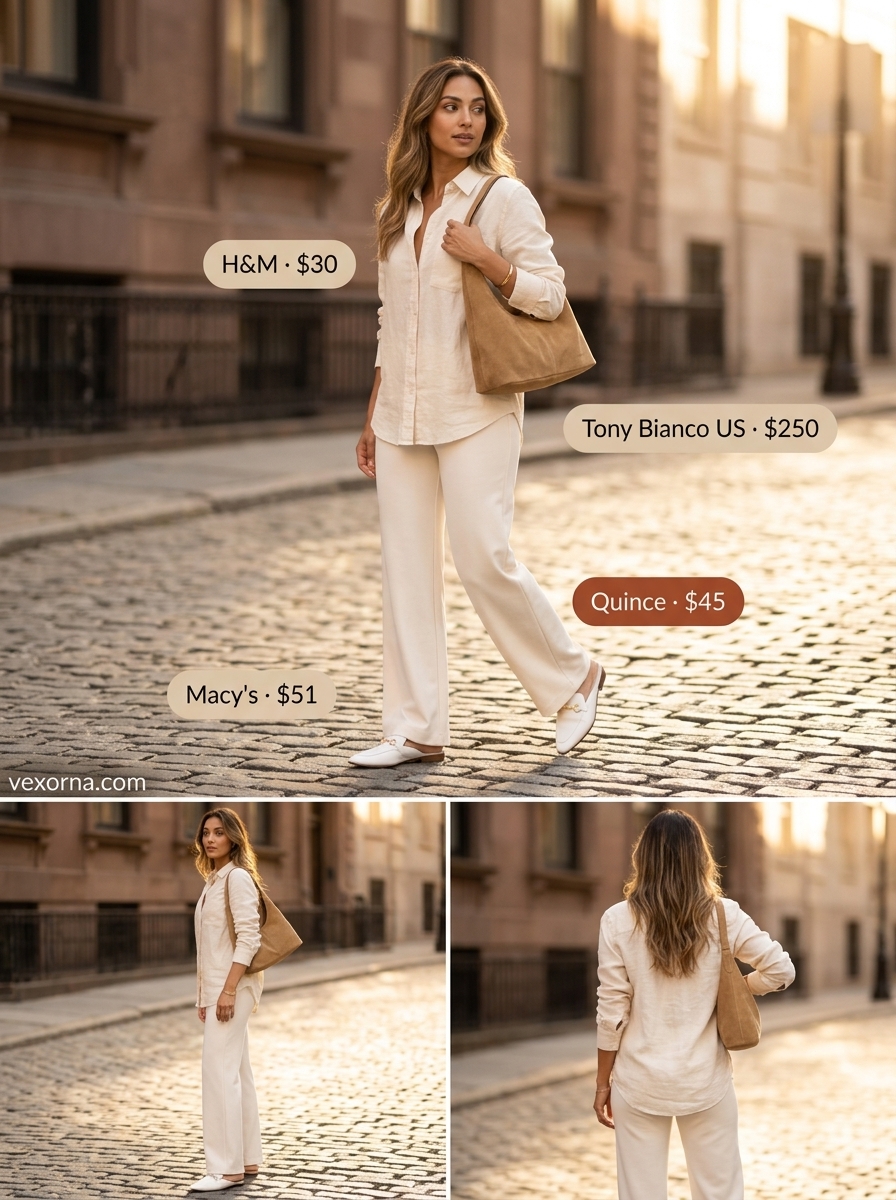 Monochromatic Linen Wide Leg Pants Outfits 2026 Tailored summer wide leg pants outfits for women 2026: Beige pants, cream shirt, gold accessories for elegant look.