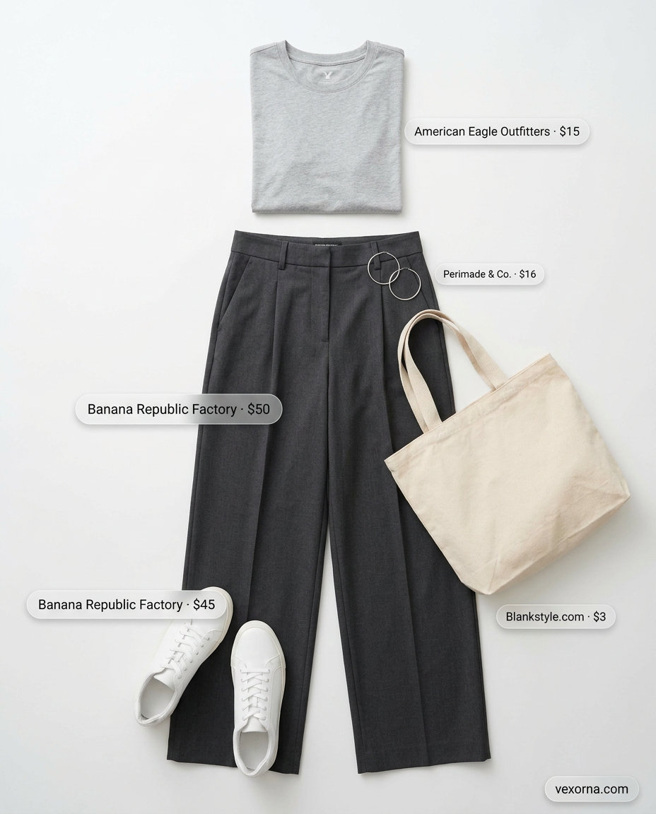 Monochrome Wide Leg Pants Outfits for Women 2026 Tailored summer wide leg pants outfits for women 2026: Grey pants, white tee, white sneakers for monochrome ease.