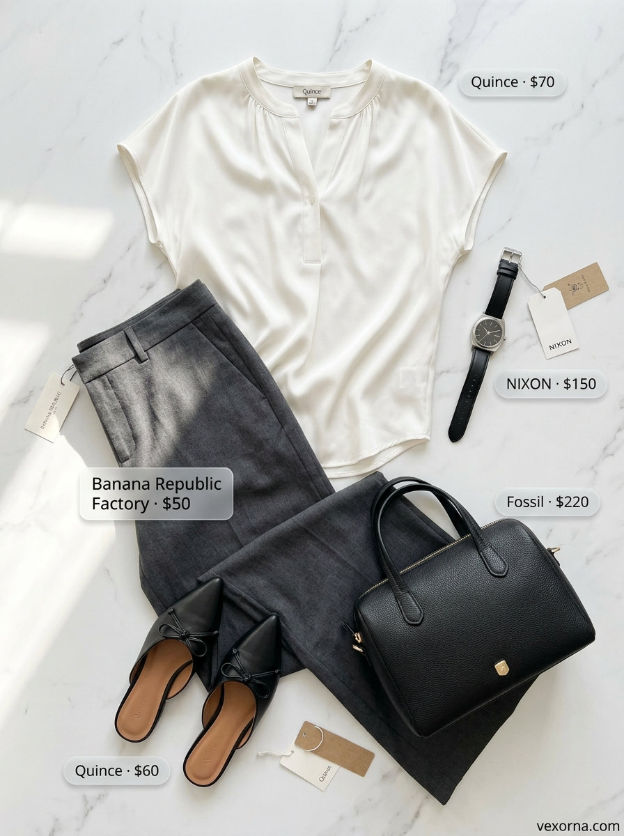 City Chic Summer Wide Leg Pants 2026 Tailored summer wide leg pants outfits for women 2026: Navy wide leg pants, ivory silk blouse, black mules for city chic.