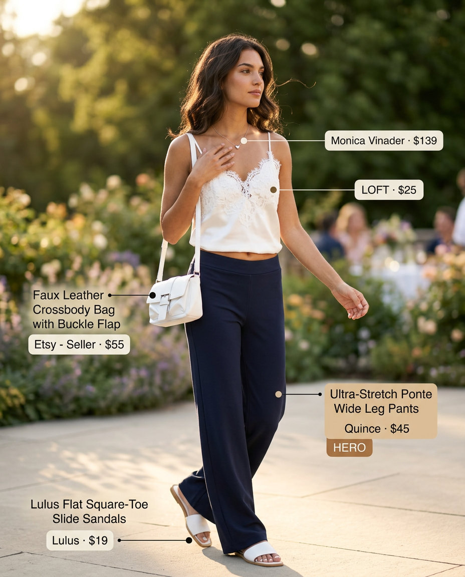 Pastel Wide Leg Pants Outfits for Women 2026 Tailored summer wide leg pants outfits for women 2026: Lavender pants, white cami, silver necklace for a date.