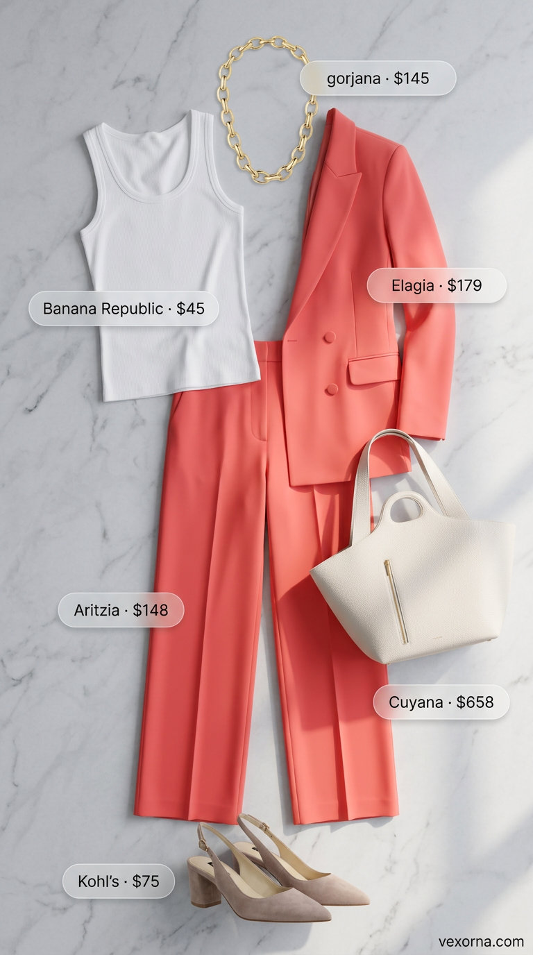 Power Suit Wide Leg Pants Outfits for Women 2026 Tailored summer wide leg pants outfits for women 2026: Coral blazer, white top, wide leg pants for power dressing.