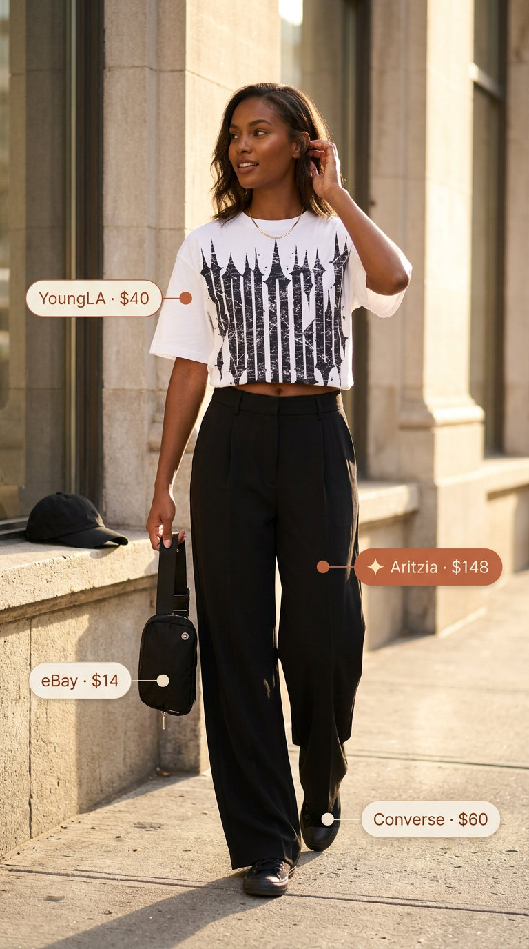 Weekend Wanderer Wide Leg Pants Outfits 2026 Tailored summer wide leg pants outfits for women 2026: Denim pants, graphic tee, baseball cap for weekend casual.