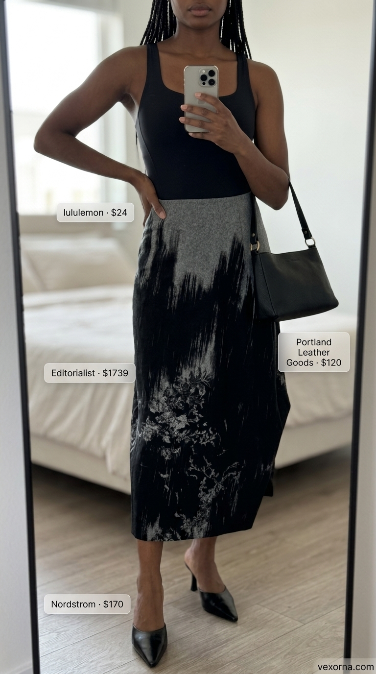 Abstract print tiered midi skirt, black bodysuit, and mules for art gallery opening outfits 2026.