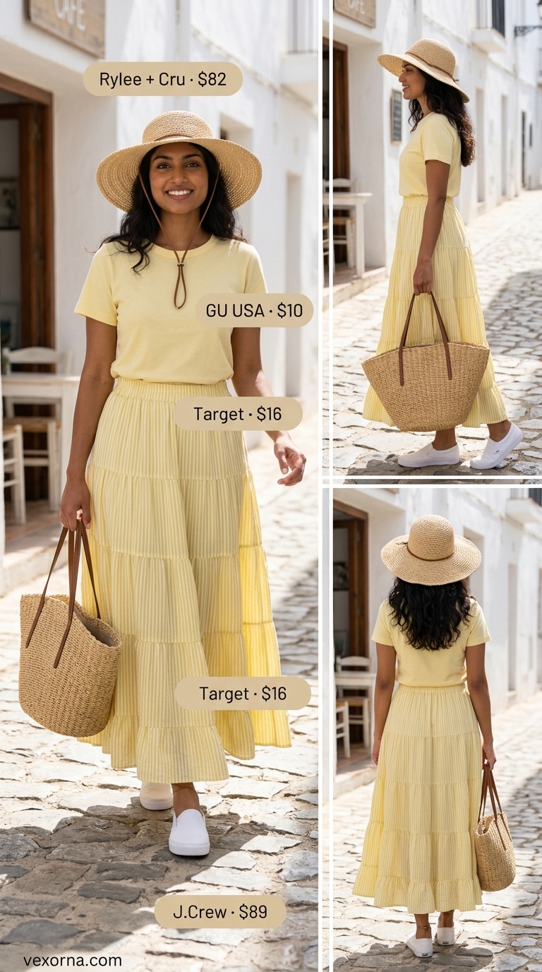 Lemon yellow tiered summer skirt outfits 2026 with white tee, straw hat & tote for a beach day.