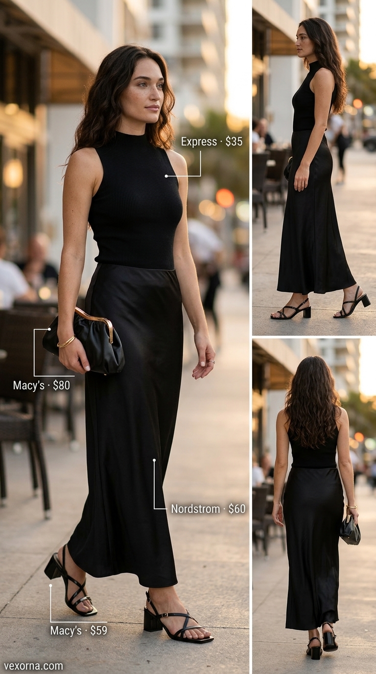Elegant black tiered summer skirt outfits 2026 for a vacation dinner with white turtleneck & gold accents.