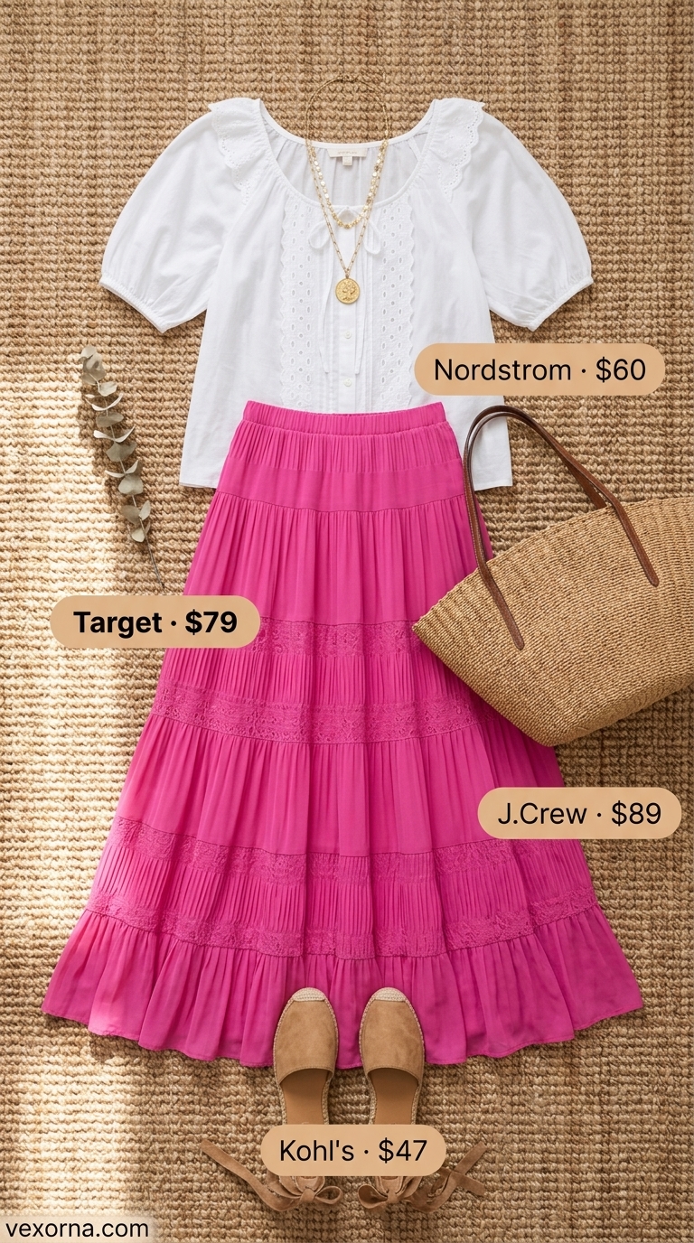 Fuchsia tiered summer skirt outfits 2026 with peasant blouse, espadrilles for picnic.