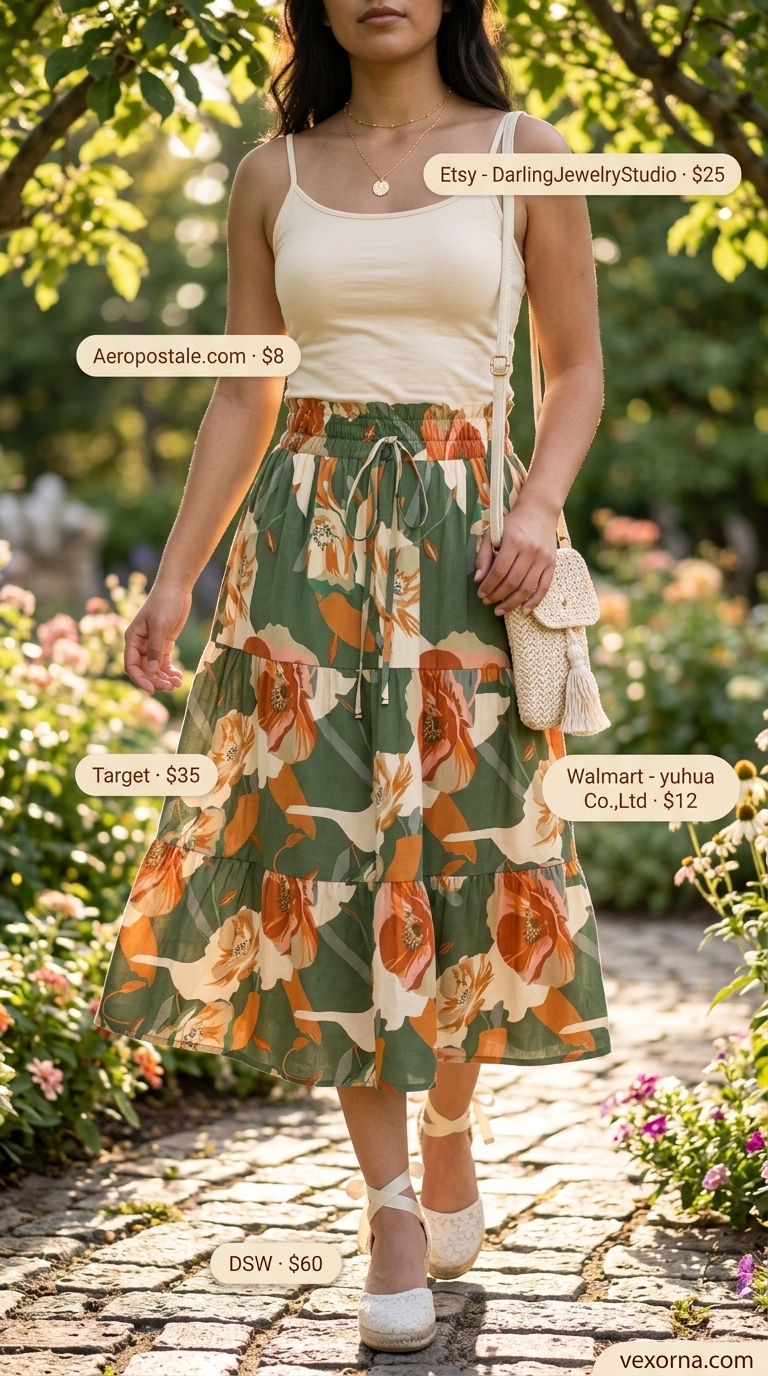 Boho earthy floral tiered summer skirt outfits 2026 for garden party with cream camisole.