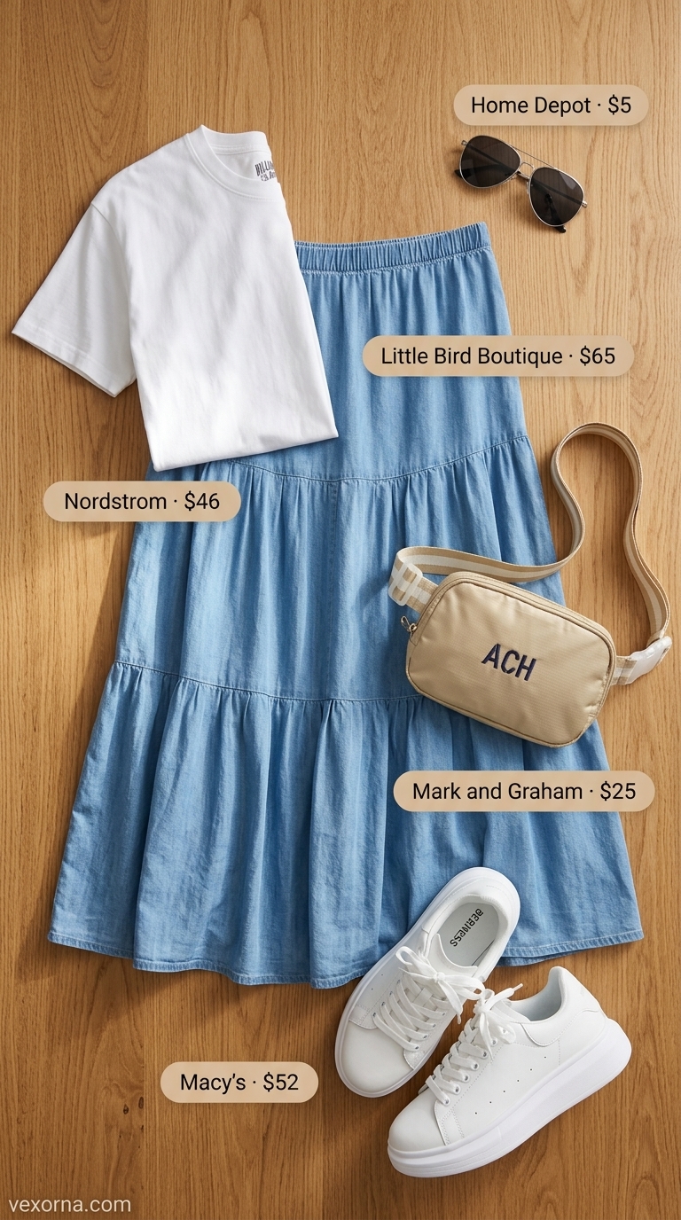 Denim tiered summer skirt outfits 2026 with graphic tee, sneakers for weekend casual.
