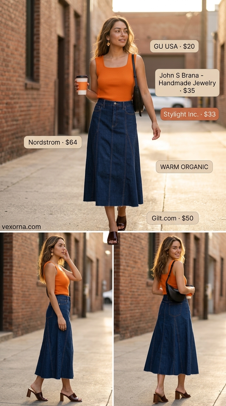 Terracotta tank top, dark denim tiered midi skirt, and brown mules for city sightseeing outfits 2026.