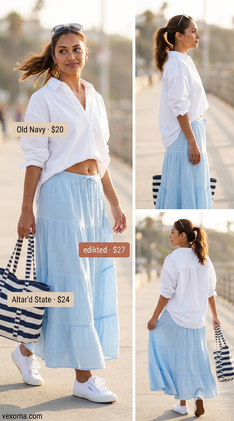 Sky blue tiered summer skirt outfits 2026 with white shirt, sneakers for coastal vibe.