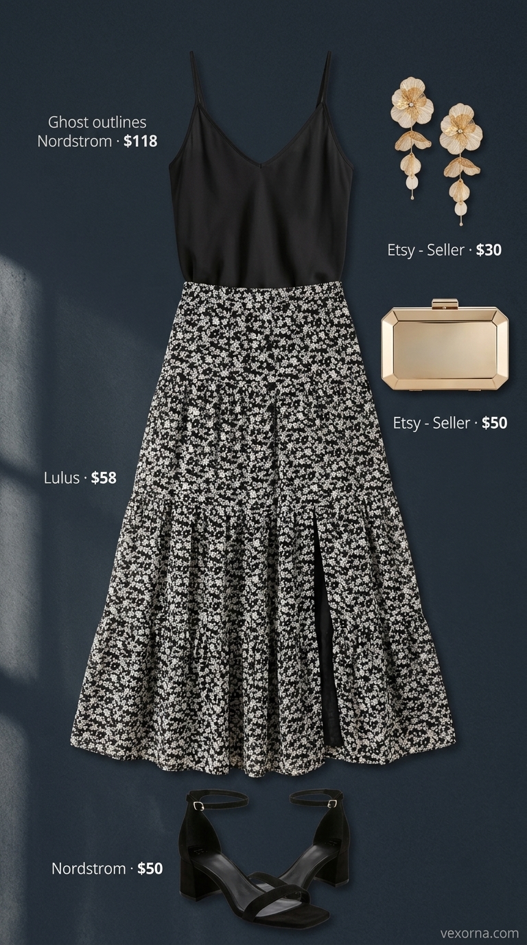 Black floral tiered summer skirt outfits 2026 with silk cami, gold earrings for date night.