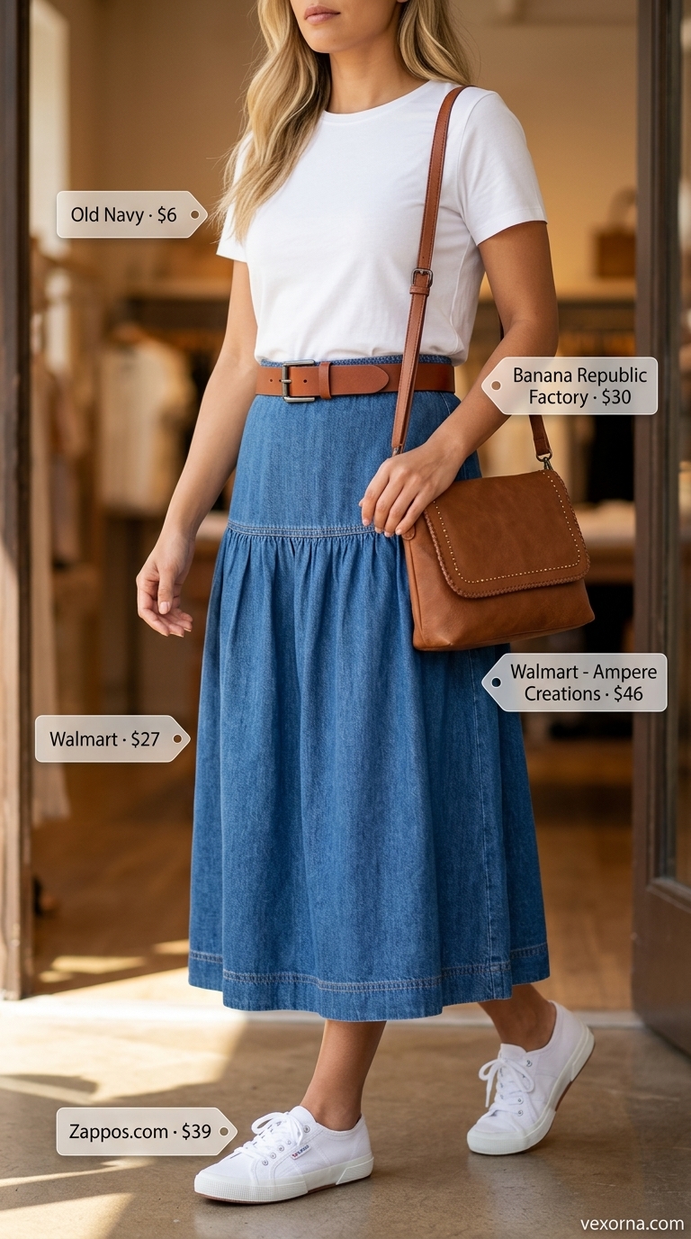 Light wash denim tiered midi skirt, white t-shirt, and cognac belt for casual weekend outfits 2026.