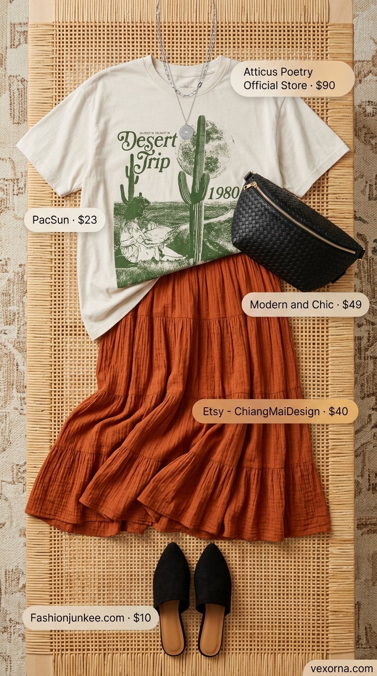Rust orange tiered summer skirt outfits 2026 with graphic tee, mules for desert sunset.