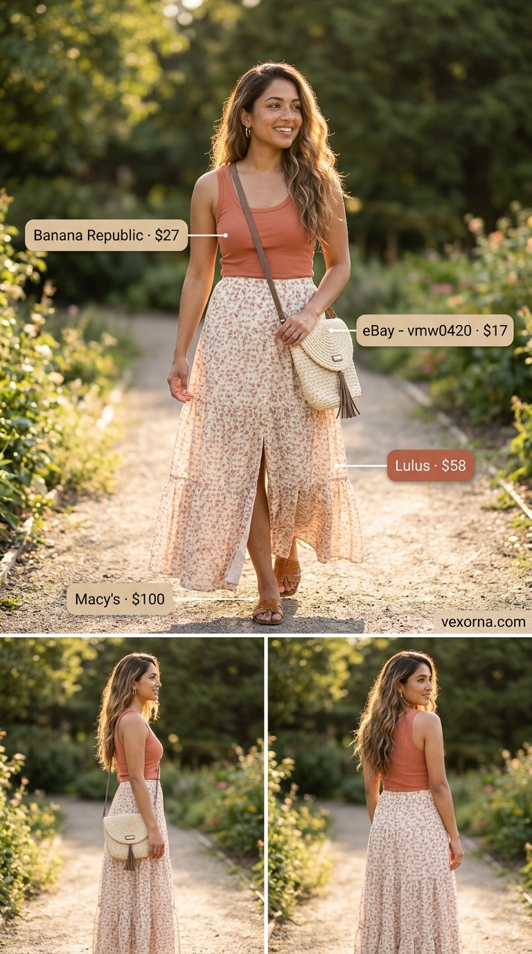 Romantic cream floral tiered summer skirt outfits 2026 for garden party with terracotta tank & straw bag.