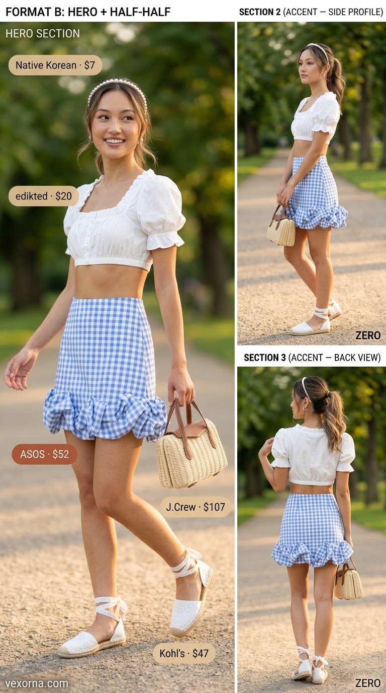 Lavender gingham tiered summer skirt outfits 2026 with puff sleeve blouse for a picnic.