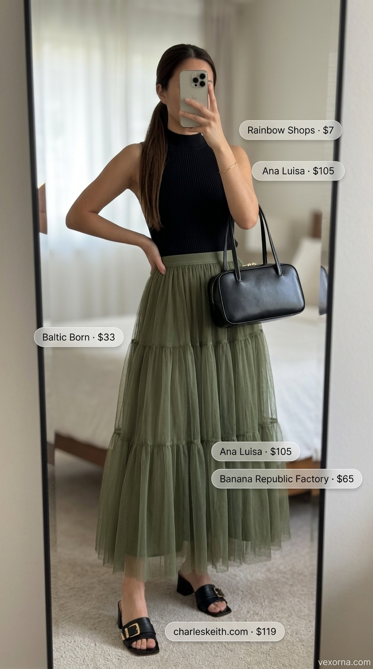 Olive green tiered midi skirt, black mock neck top, and black mules for elevated everyday outfits 2026.
