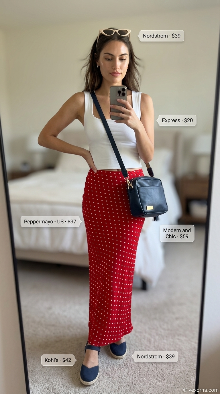 Playful red polka dot tiered summer skirt outfits 2026 for pool party with white top & cat-eye sunglasses.