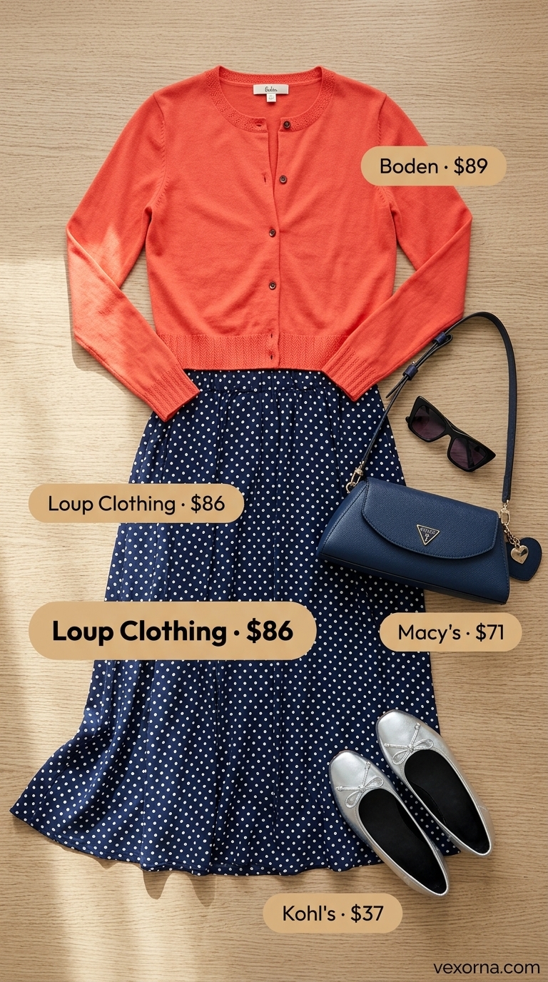 Retro navy polka dot tiered summer skirt outfits 2026 for vintage market with coral cardigan.