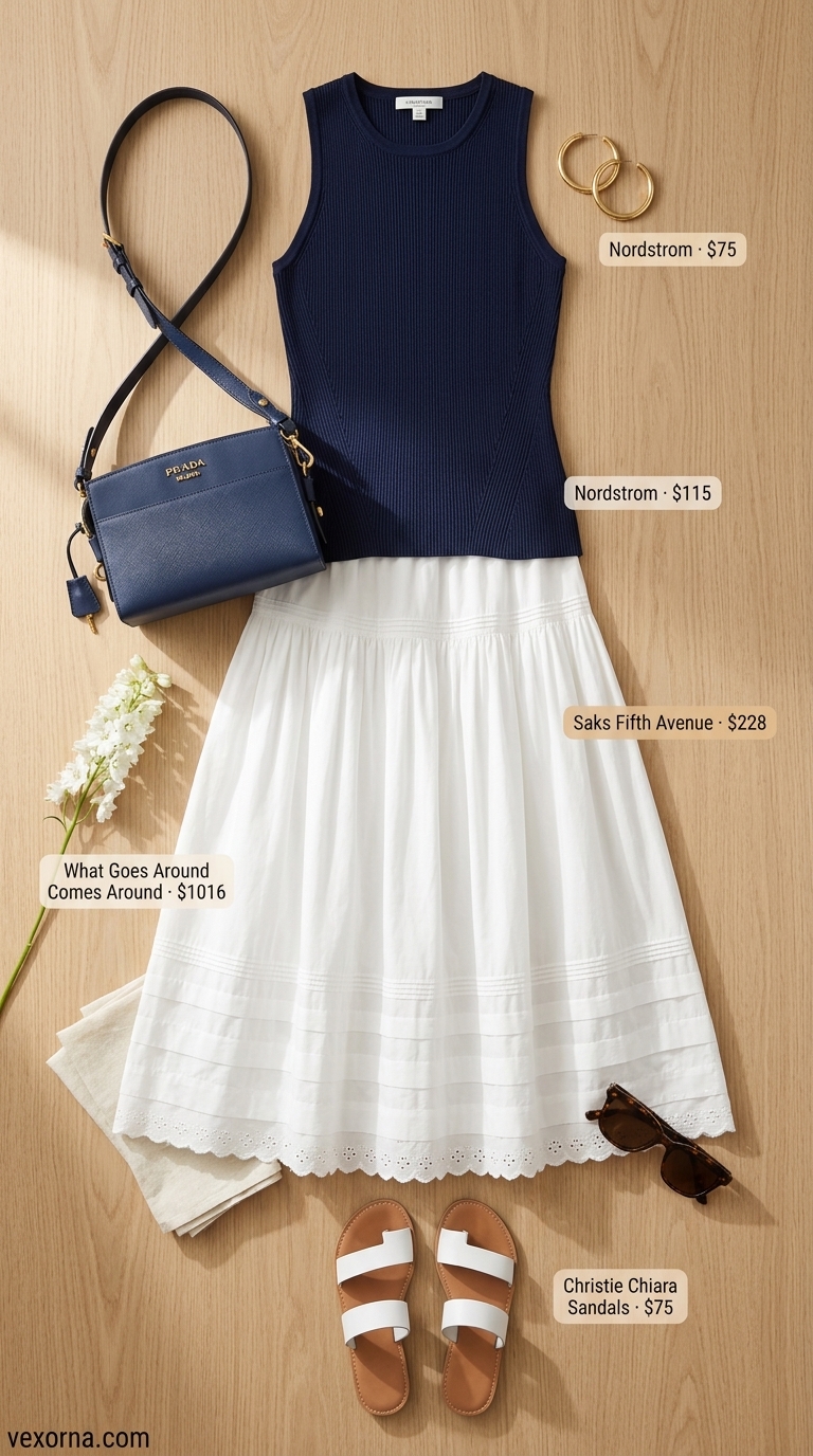 White tiered summer skirt outfits 2026 with navy top, crossbody bag for a sophisticated brunch.