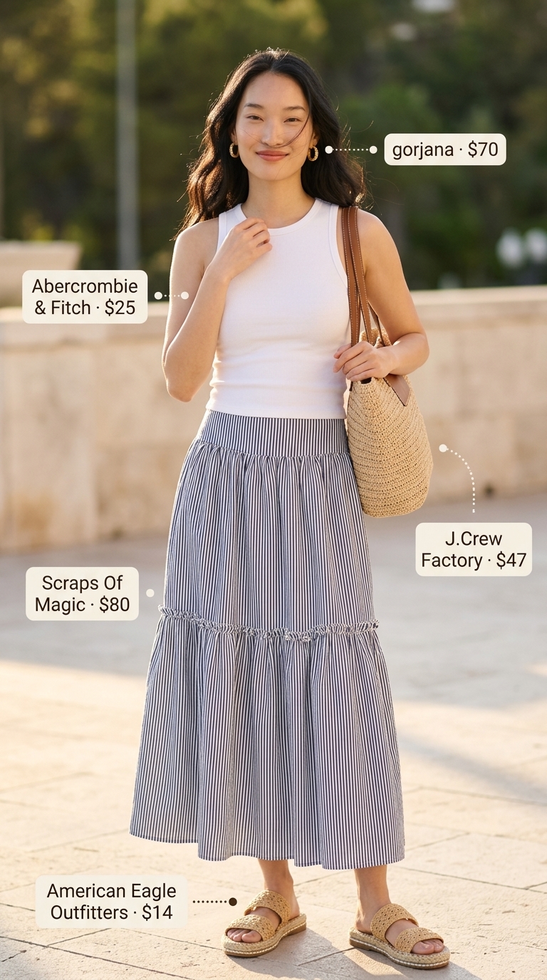 Navy and white stripe tiered maxi skirt, white tank top, and straw tote for beach day outfits 2026.