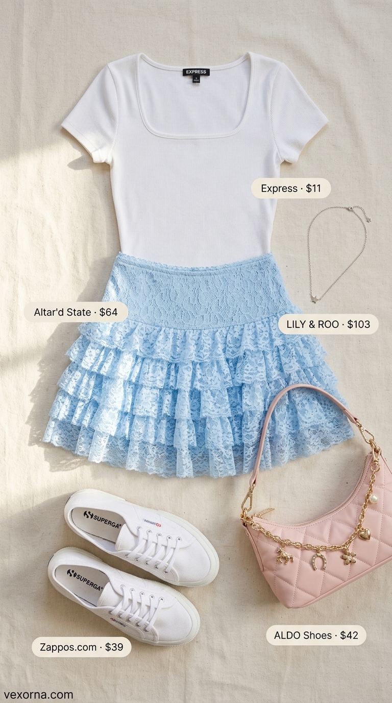Sky blue eyelet tiered summer skirt outfits 2026 with ribbed crop top for a sweet day out.