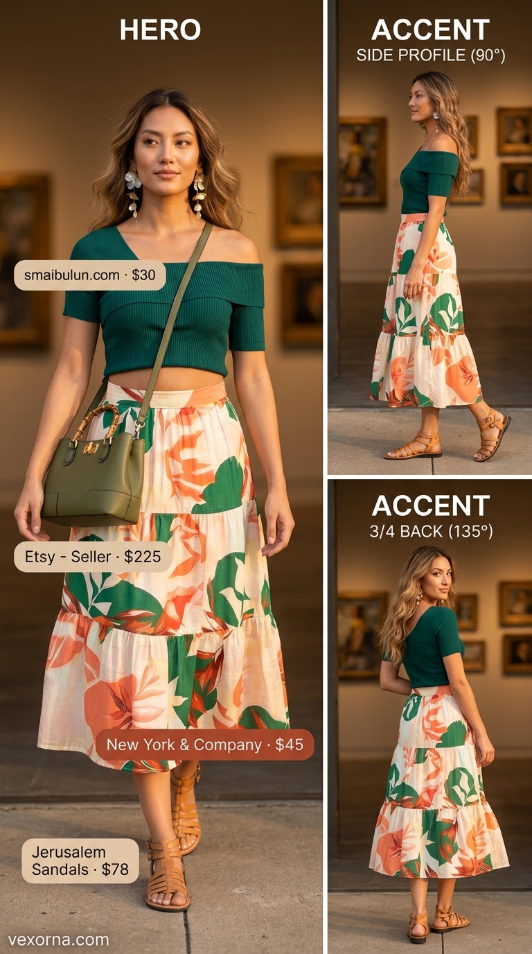 Vibrant abstract tropical tiered summer skirt outfits 2026 for gallery opening with green top.