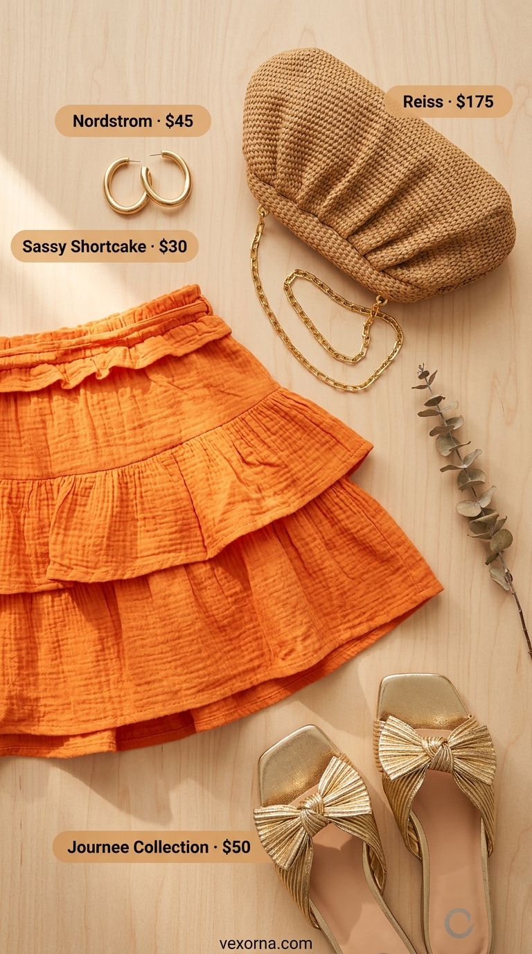 Tangerine orange tiered mini skirt, white one-shoulder top, and gold sandals for resort wear 2026.