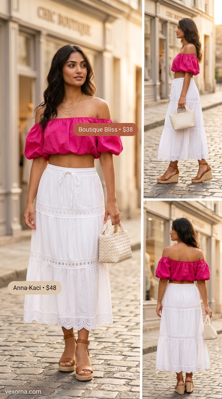 White eyelet tiered summer skirt outfits 2026 with fuchsia top, wedges for brunch.