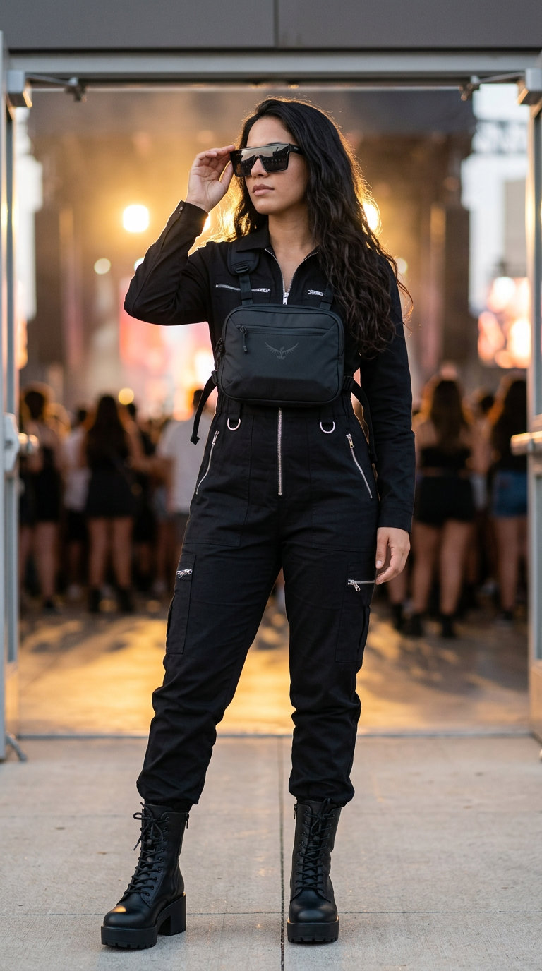 Monochrome Power: Trendy Concert Outfits Summer 2026 Sleek all-black 'Monochrome Utility Mission' for trendy concert outfits summer for women 2026: cargo jumpsuit, tactical boots, utility belt bag, layered silver necklace, and angular sunglasses.