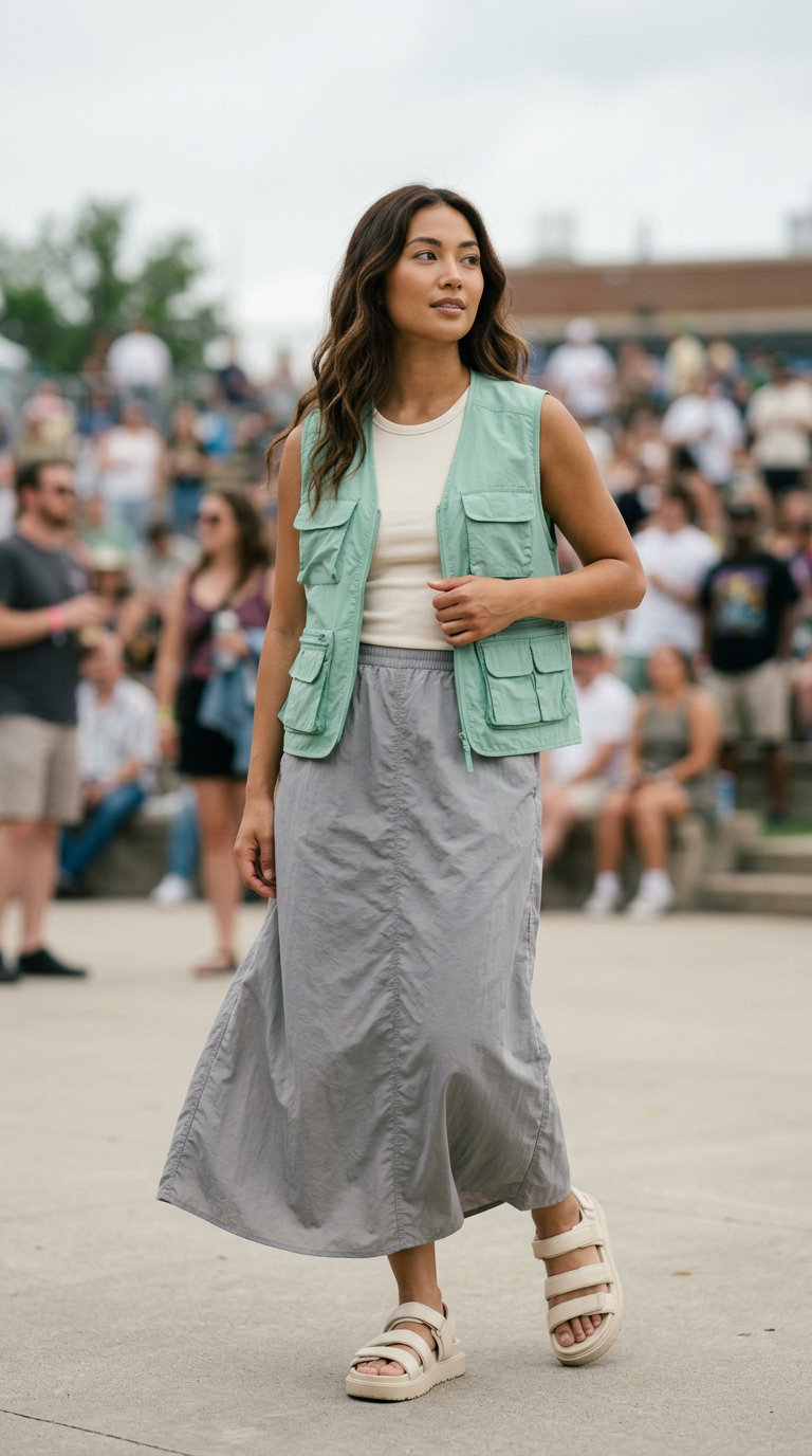 Soft-Tech Utility: Trendy Concert Outfit Summer 2026 Comfortable "Soft-Tech Utility Wanderer" outfit with a mint green utility vest, lilac parachute skirt, and cream crop top, ideal for trendy concert outfits summer 2026.