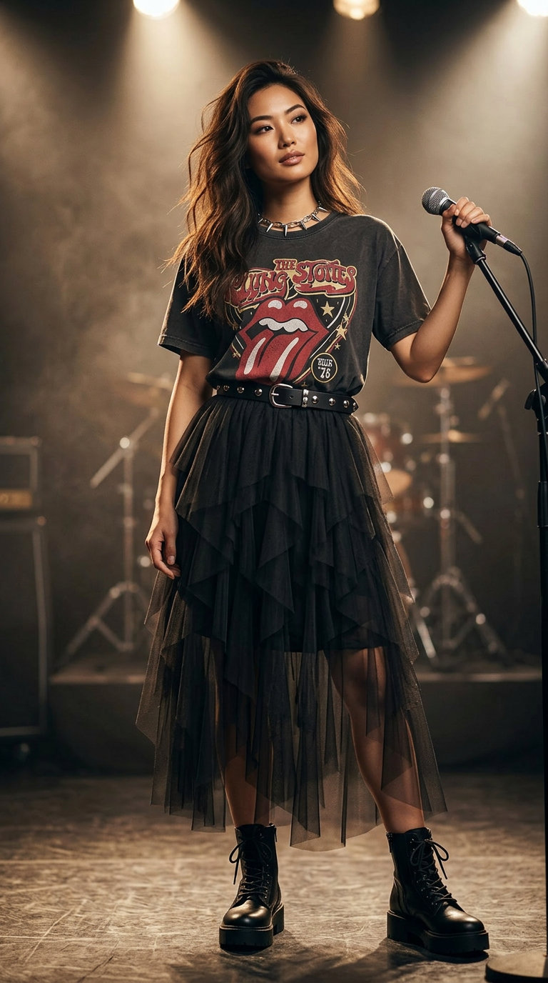 Tulle Rebellion: Trendy Concert Outfit Summer 2026 Edgy "Tulle Rebellion Rockstar" ensemble featuring a voluminous black tulle midi skirt, vintage band tee, chunky combat boots, and studded belt, a trendy concert outfit summer 2026.