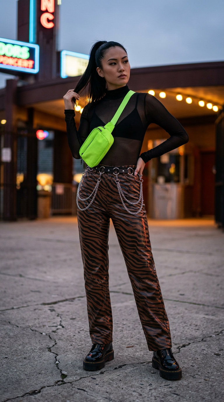 Urban Safari Edge: Trendy Concert Outfit Summer 2026 Edgy "Urban Safari Edge" outfit featuring black and tan zebra print vinyl pants, black mesh bodysuit, neon green fanny pack, and chunky platform boots for a trendy concert outfit summer 2026.