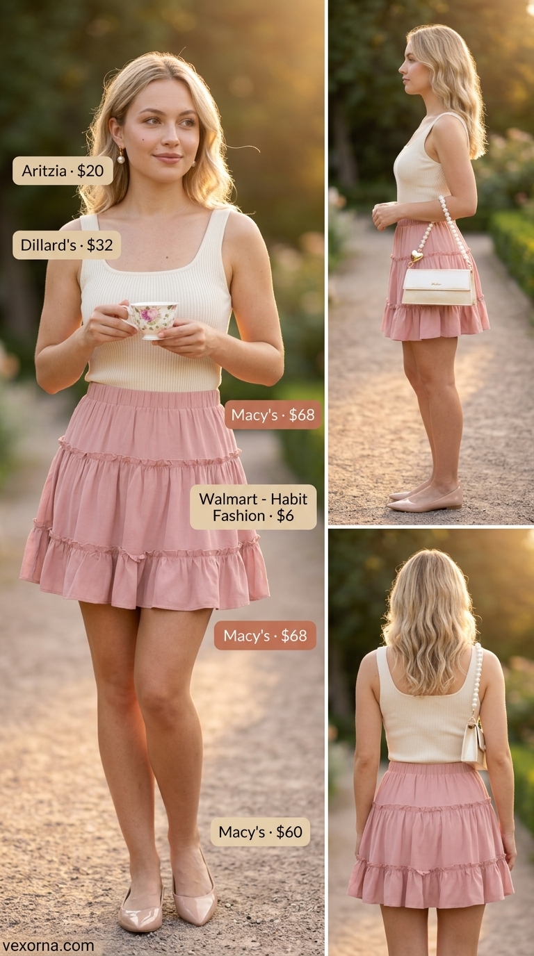 Trendy coquette summer outfits for women 2026: Blush pink tiered skirt, cream knit top, pearl earrings for a garden party.