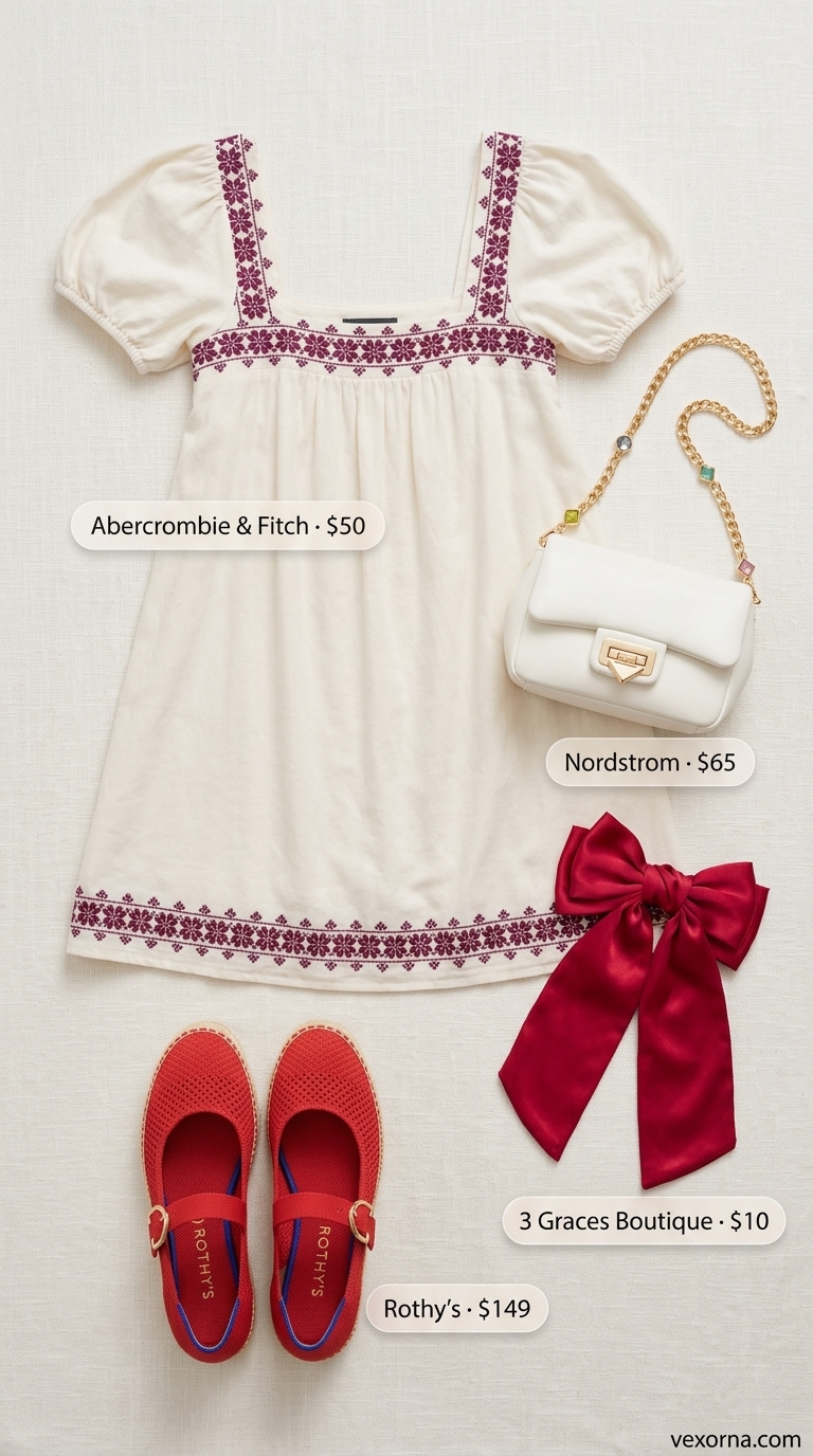 Coquette Summer Outfits 2026: Festival Mini Dress Trendy coquette summer outfits for women 2026: White eyelet babydoll mini dress, cherry red ribbon, gold earrings for festival.