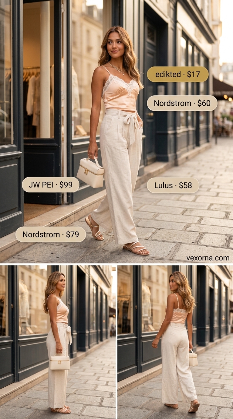 Coquette Summer Outfits 2026: Linen Pants Chic Trendy coquette summer outfits for women 2026: Cream linen pants, peach camisole, layered gold necklaces for a city stroll.