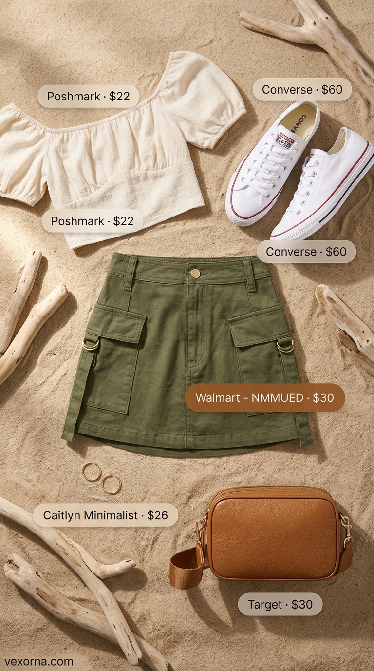 Coquette Summer Outfits 2026: Cargo Skirt Cool Trendy coquette summer outfits for women 2026: Khaki cargo skirt, cream off-shoulder top, sneakers for a casual outing.