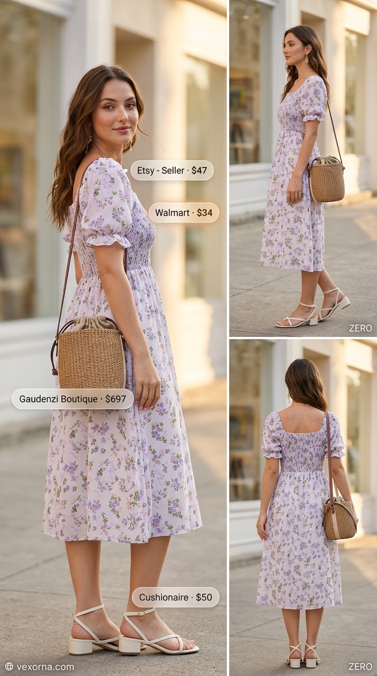 Coquette Summer Outfits 2026: Lavender Midi Dress Trendy coquette summer outfits for women 2026: Lavender floral midi dress, rattan bag, low block heels for afternoon tea.