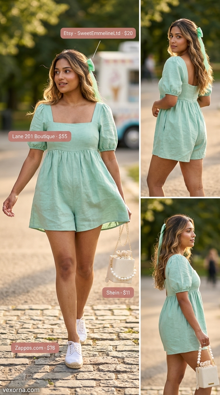 Coquette Summer Outfits 2026: Mint Romper Fun Trendy coquette summer outfits for women 2026: Mint green eyelet romper, espadrilles, pearl bucket bag for a picnic.