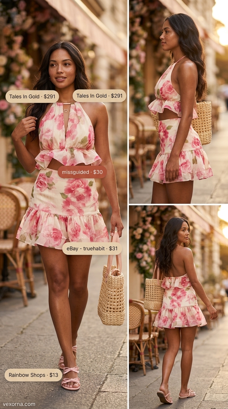 Coquette Summer Outfits 2026: Floral Set Style Trendy coquette summer outfits for women 2026: Pink floral matching set, straw bag, bow sandals for a garden party.