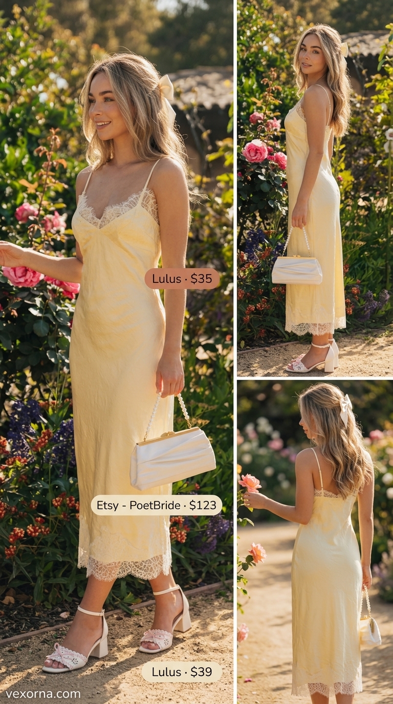 Coquette Summer Outfits 2026: Yellow Slip Dress Trendy coquette summer outfits for women 2026: Soft yellow slip dress, white bow, pearl necklace for a date night.