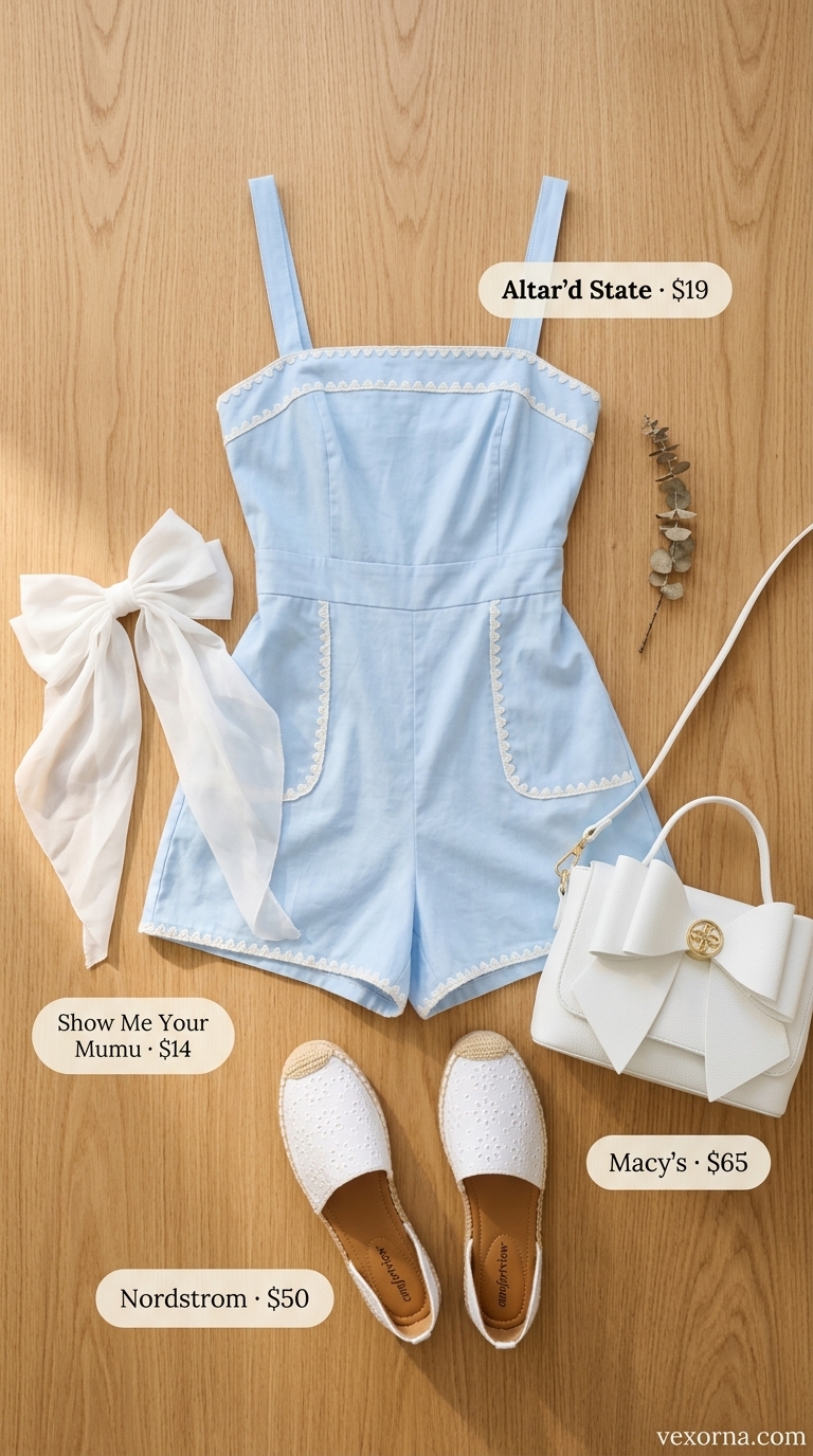 Coquette Blue Romper Outfit 2026 Trendy coquette summer outfits for women 2026: Blue romper with espadrilles & bow for picnic.