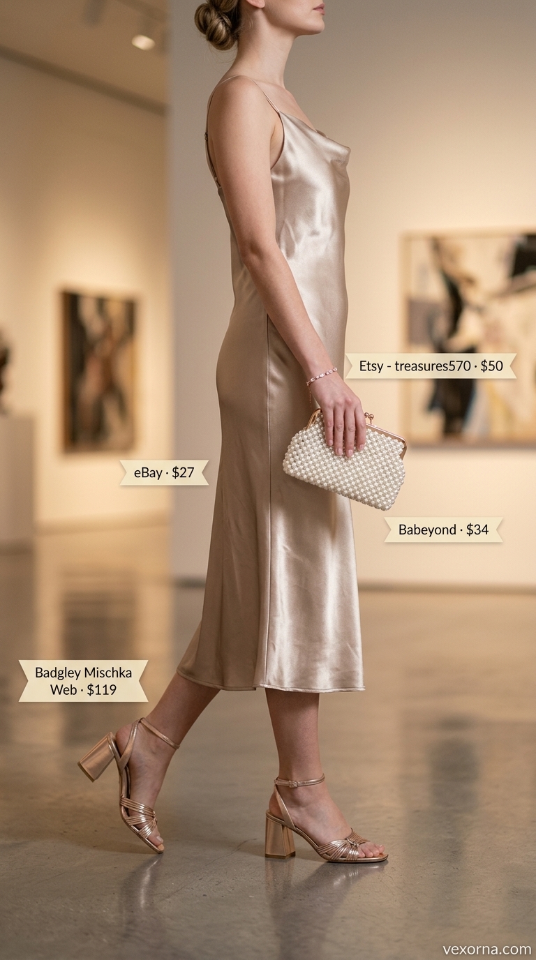 Coquette Date Night Slip Dress 2026 Champagne satin slip dress for trendy coquette summer outfits for women 2026. Alluring date night style.