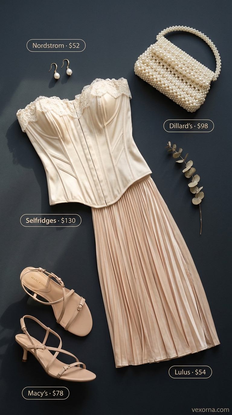 Coquette Corset Top Outfit 2026 Trendy coquette summer outfits for women 2026: Corset top, satin skirt, pearl bag for date night.