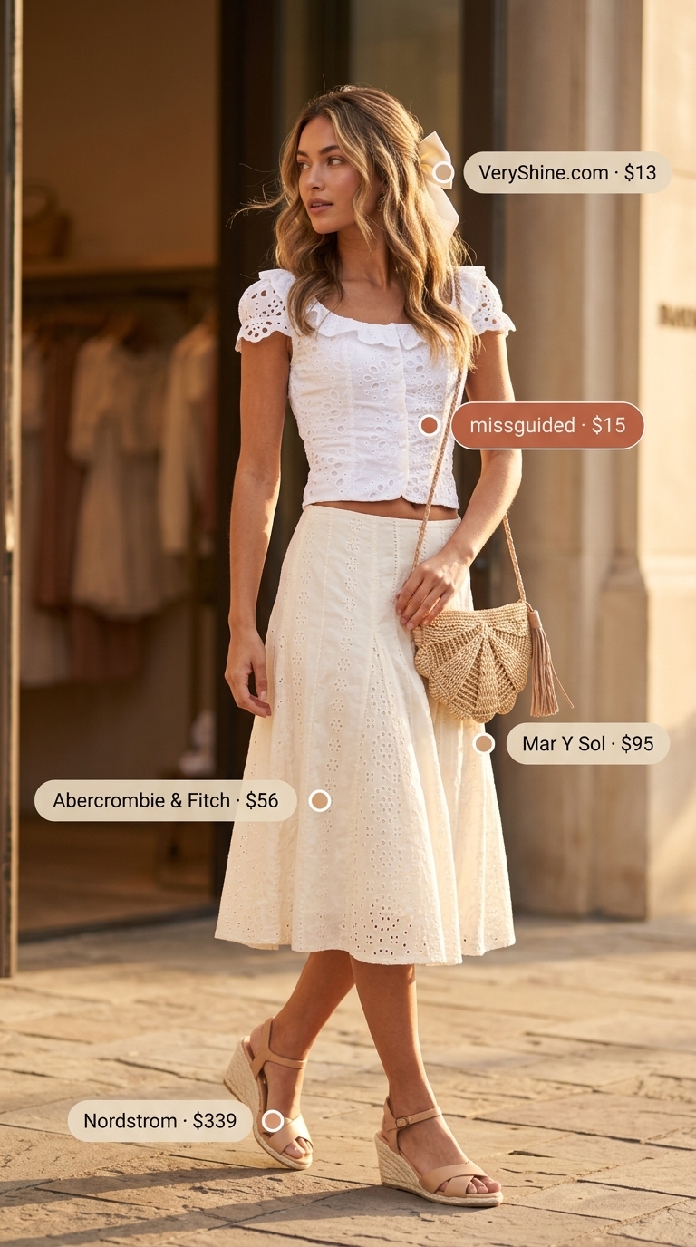 Coquette Eyelet Top Outfit 2026 Trendy coquette summer outfits for women 2026: Eyelet crop top, midi skirt, espadrilles for casual day.