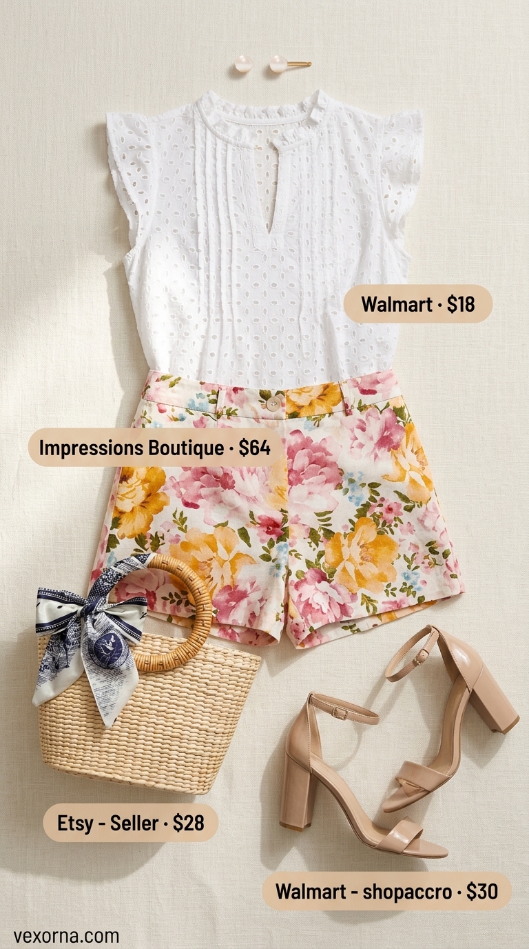 Coquette Floral Shorts Outfit 2026 Trendy coquette summer outfits for women 2026: Floral shorts, eyelet blouse, straw bag for garden party.